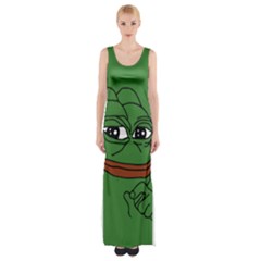 Pepe The Frog Smug Face With Smile And Hand On Chin Meme Kekistan All Over Print Green Thigh Split Maxi Dress by snek