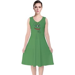 Pepe The Frog Smug Face With Smile And Hand On Chin Meme Kekistan All Over Print Green V-neck Midi Sleeveless Dress  by snek