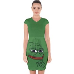 Pepe The Frog Smug Face With Smile And Hand On Chin Meme Kekistan All Over Print Green Capsleeve Drawstring Dress  by snek