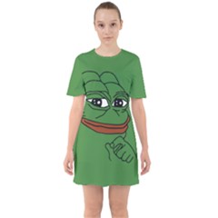 Pepe The Frog Smug Face With Smile And Hand On Chin Meme Kekistan All Over Print Green Sixties Short Sleeve Mini Dress by snek