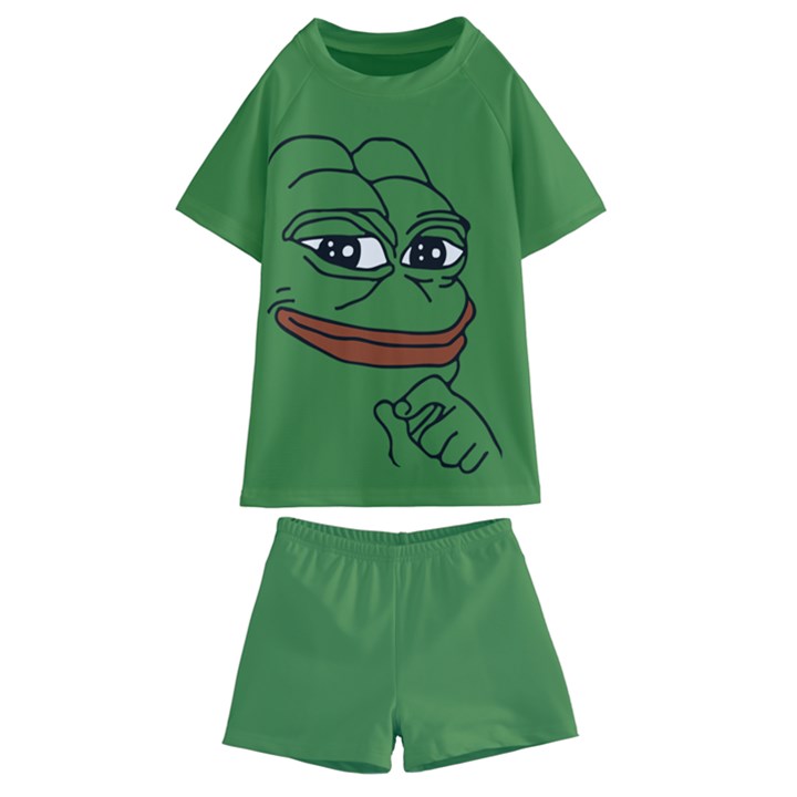 Pepe The Frog Smug face with smile and hand on chin meme Kekistan all over print green Kids  Swim Tee and Shorts Set