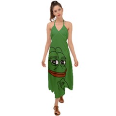 Pepe The Frog Smug Face With Smile And Hand On Chin Meme Kekistan All Over Print Green Halter Tie Back Dress  by snek