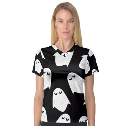 Ghost Halloween Pattern V-neck Sport Mesh Tee by Amaryn4rt