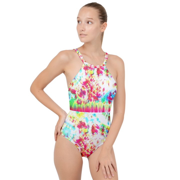 Pattern Decorated Schoolbus Tie Dye High Neck One Piece Swimsuit