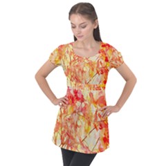 Monotype Art Pattern Leaves Colored Autumn Puff Sleeve Tunic Top by Amaryn4rt