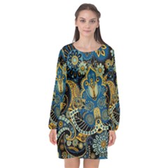 Retro Ethnic Background Pattern Vector Long Sleeve Chiffon Shift Dress  by Amaryn4rt