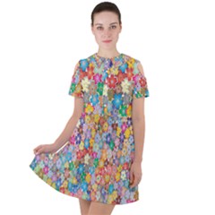 Sakura Cherry Blossom Floral Short Sleeve Shoulder Cut Out Dress 