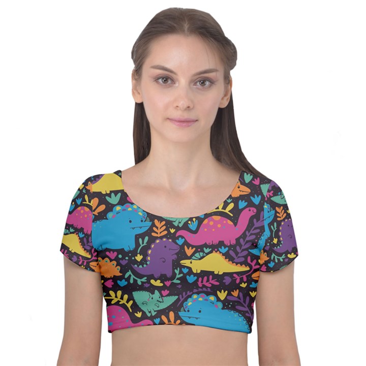 Dino Cute Velvet Short Sleeve Crop Top 