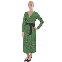 Pepe The Frog Perfect A-ok Handsign Pattern Praise Kek Kekistan Smug Smile Meme Green Background Velvet Maxi Wrap Dress by snek