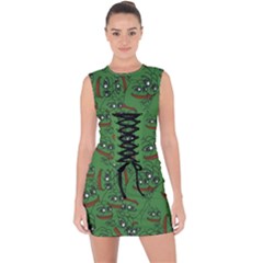 Pepe The Frog Perfect A-ok Handsign Pattern Praise Kek Kekistan Smug Smile Meme Green Background Lace Up Front Bodycon Dress by snek