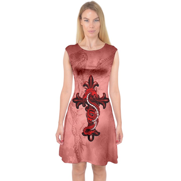 Awesome Chinese Dragon Capsleeve Midi Dress