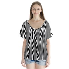 Abstrait Lignes Blanc/noir V-neck Flutter Sleeve Top by kcreatif