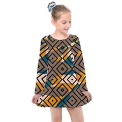 Abstrait Formes Marron/beige/bleu Kids  Long Sleeve Dress by kcreatif