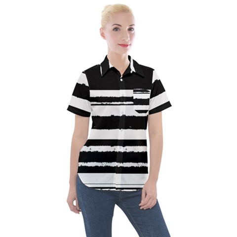 Bandes Abstrait Blanc/noir Women s Short Sleeve Pocket Shirt by kcreatif