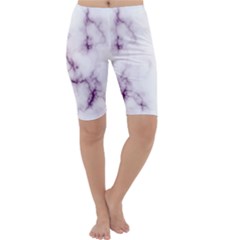 White Marble Violet Purple Veins Accents Texture Printed Floor Background Luxury Cropped Leggings  by genx