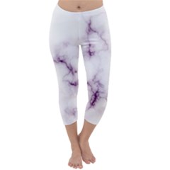 White Marble Violet Purple Veins Accents Texture Printed Floor Background Luxury Capri Winter Leggings  by genx