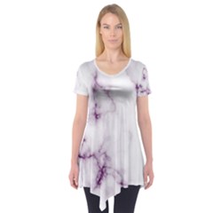 White Marble Violet Purple Veins Accents Texture Printed Floor Background Luxury Short Sleeve Tunic  by genx