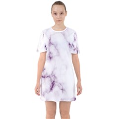 White Marble Violet Purple Veins Accents Texture Printed Floor Background Luxury Sixties Short Sleeve Mini Dress by genx