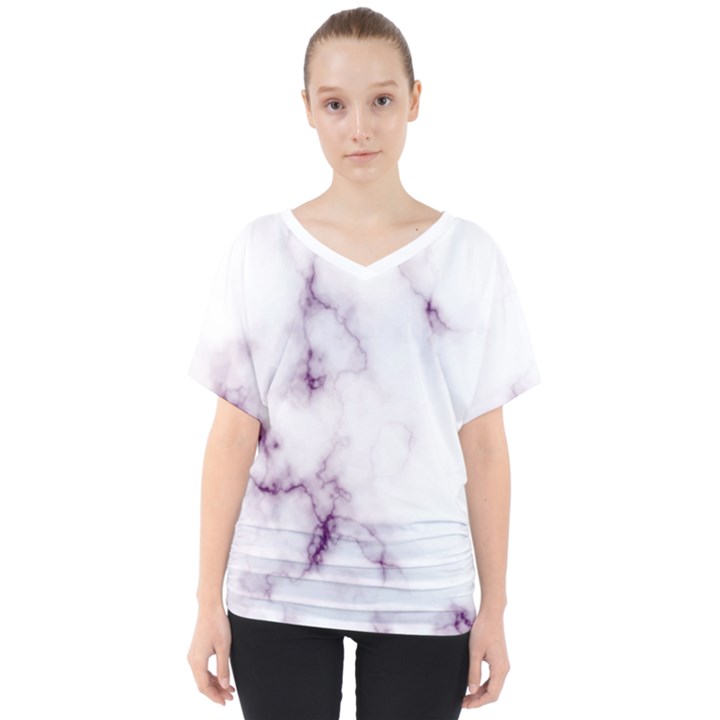 White Marble violet purple veins accents texture printed floor background luxury V-Neck Dolman Drape Top