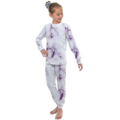 White Marble Violet Purple Veins Accents Texture Printed Floor Background Luxury Kids  Long Sleeve Set  by genx