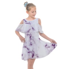 White Marble Violet Purple Veins Accents Texture Printed Floor Background Luxury Kids  Shoulder Cutout Chiffon Dress by genx