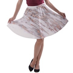 Marble With Metallic Rose Gold Intrusions On Gray White Stone Texture Pastel Pink Background A-line Skater Skirt by genx