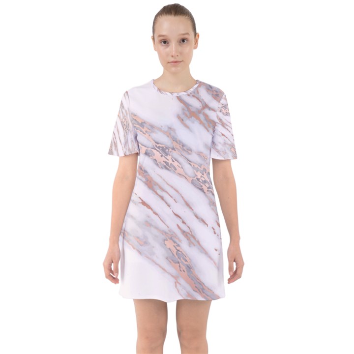 Marble with Metallic Rose Gold intrusions on gray white Stone texture Pastel Pink Background Sixties Short Sleeve Mini Dress