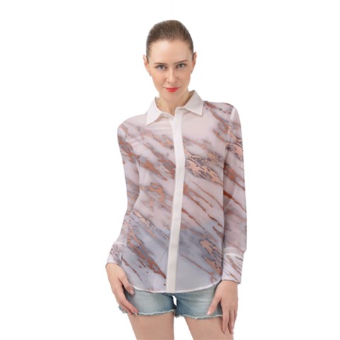 Marble With Metallic Rose Gold Intrusions On Gray White Stone Texture Pastel Pink Background Long Sleeve Chiffon Shirt by genx