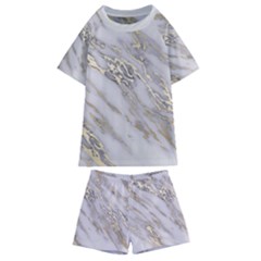 Marble With Metallic Gold Intrusions On Gray White Stone Texture Pastel Rose Pink Background Kids  Swim Tee And Shorts Set by genx