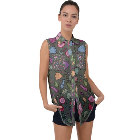 Floral Pattern Sleeveless Chiffon Button Shirt by Valentinaart