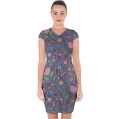 Floral Pattern Capsleeve Drawstring Dress 