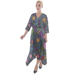 Floral Pattern Quarter Sleeve Wrap Front Maxi Dress