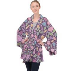 Floral Pattern Long Sleeve Velvet Kimono  by Valentinaart