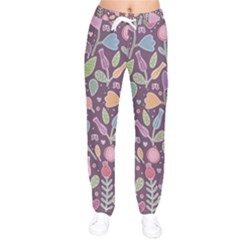 Floral Pattern Women Velvet Drawstring Pants