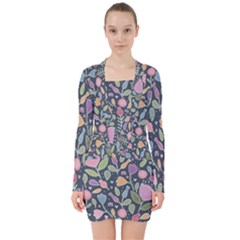 Floral Pattern V-neck Bodycon Long Sleeve Dress by Valentinaart