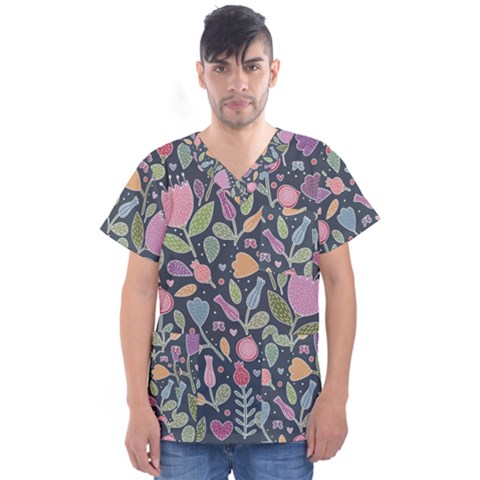 Floral Pattern Men s V-neck Scrub Top by Valentinaart