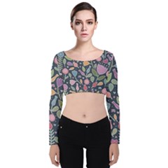 Floral Pattern Velvet Long Sleeve Crop Top by Valentinaart