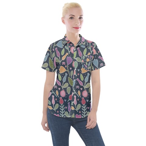 Floral Pattern Women s Short Sleeve Pocket Shirt by Valentinaart