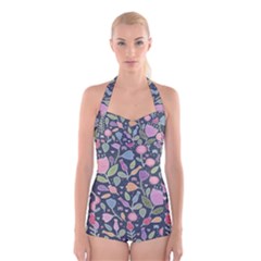 Floral Pattern Boyleg Halter Swimsuit 