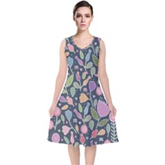 Floral Pattern V-neck Midi Sleeveless Dress 