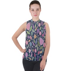 Floral Pattern Mock Neck Chiffon Sleeveless Top