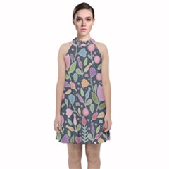 Floral Pattern Velvet Halter Neckline Dress 