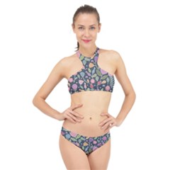 Floral Pattern High Neck Bikini Set