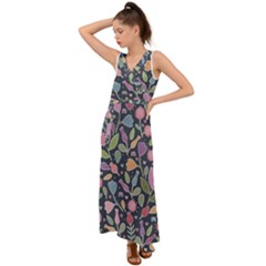 Floral Pattern V-neck Chiffon Maxi Dress