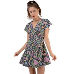 Floral Pattern Flutter Sleeve Wrap Dress