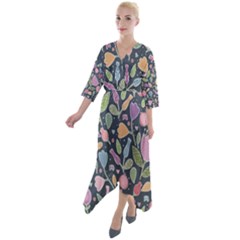 Floral Pattern Quarter Sleeve Wrap Front Maxi Dress