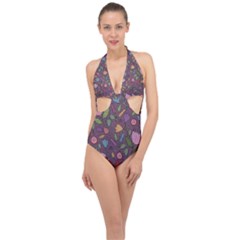 Floral Pattern Halter Front Plunge Swimsuit