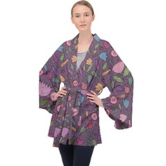 Floral Pattern Long Sleeve Velvet Kimono 