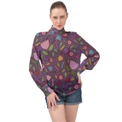 Floral Pattern High Neck Long Sleeve Chiffon Top