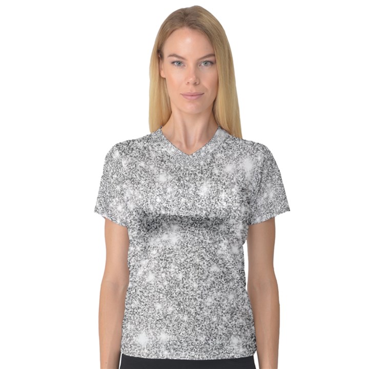 Silver and white Glitters metallic finish party texture background imitation V-Neck Sport Mesh Tee